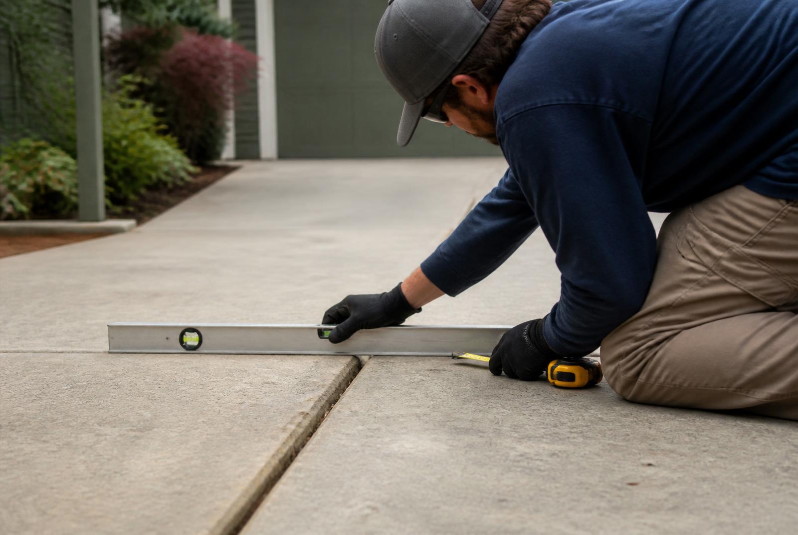 A contractor measuring and inspecting a settled residential concrete slab