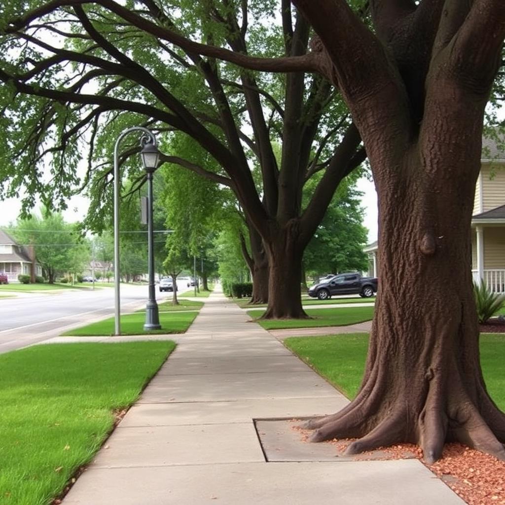 A mature Spokane neighborhood with large shade trees beside a sidewalk where one section has become slightly uneven near exposed roots