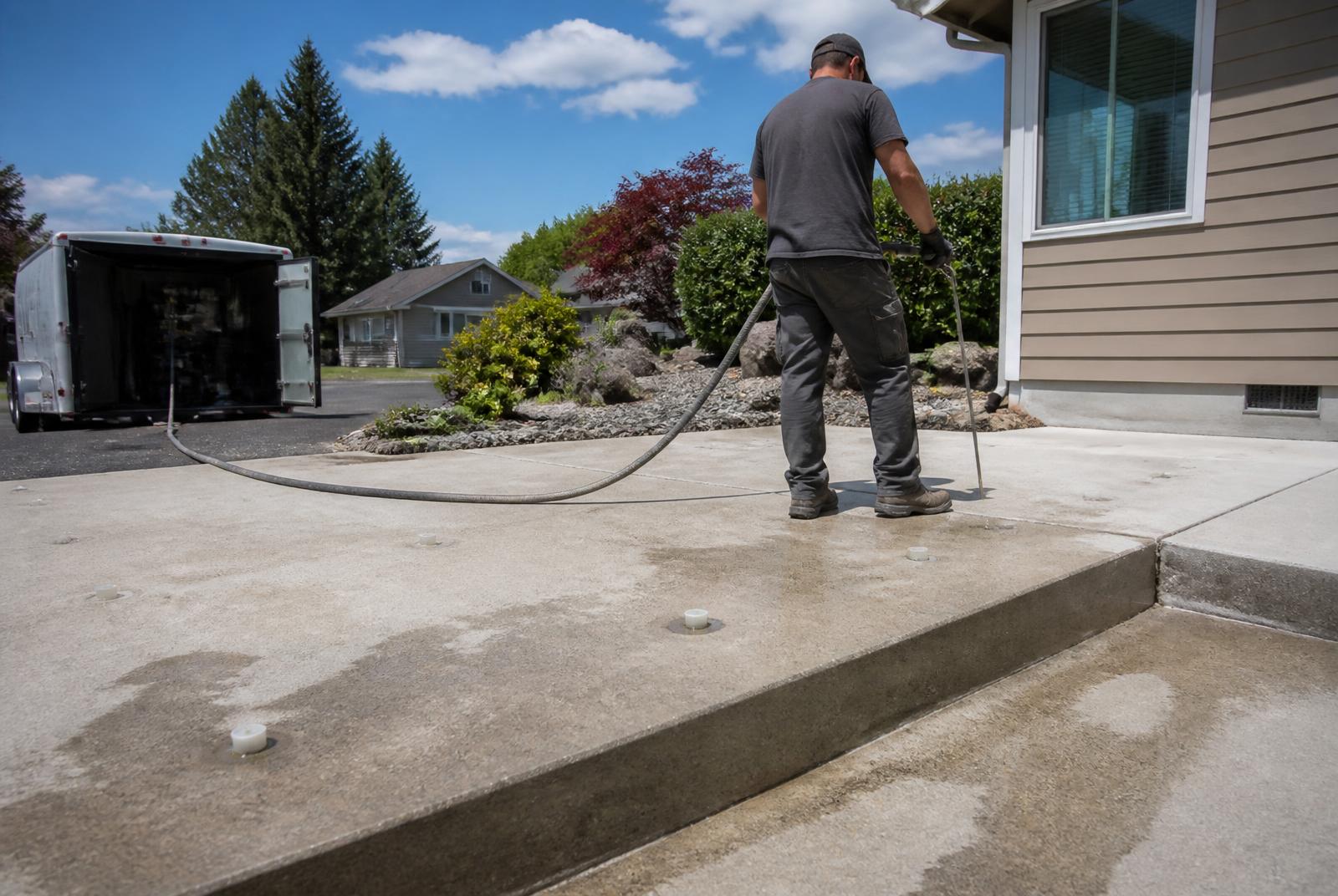 Concrete leveling technician lifting a settled residential slab in Spokane, WA with polyurethane foam injection