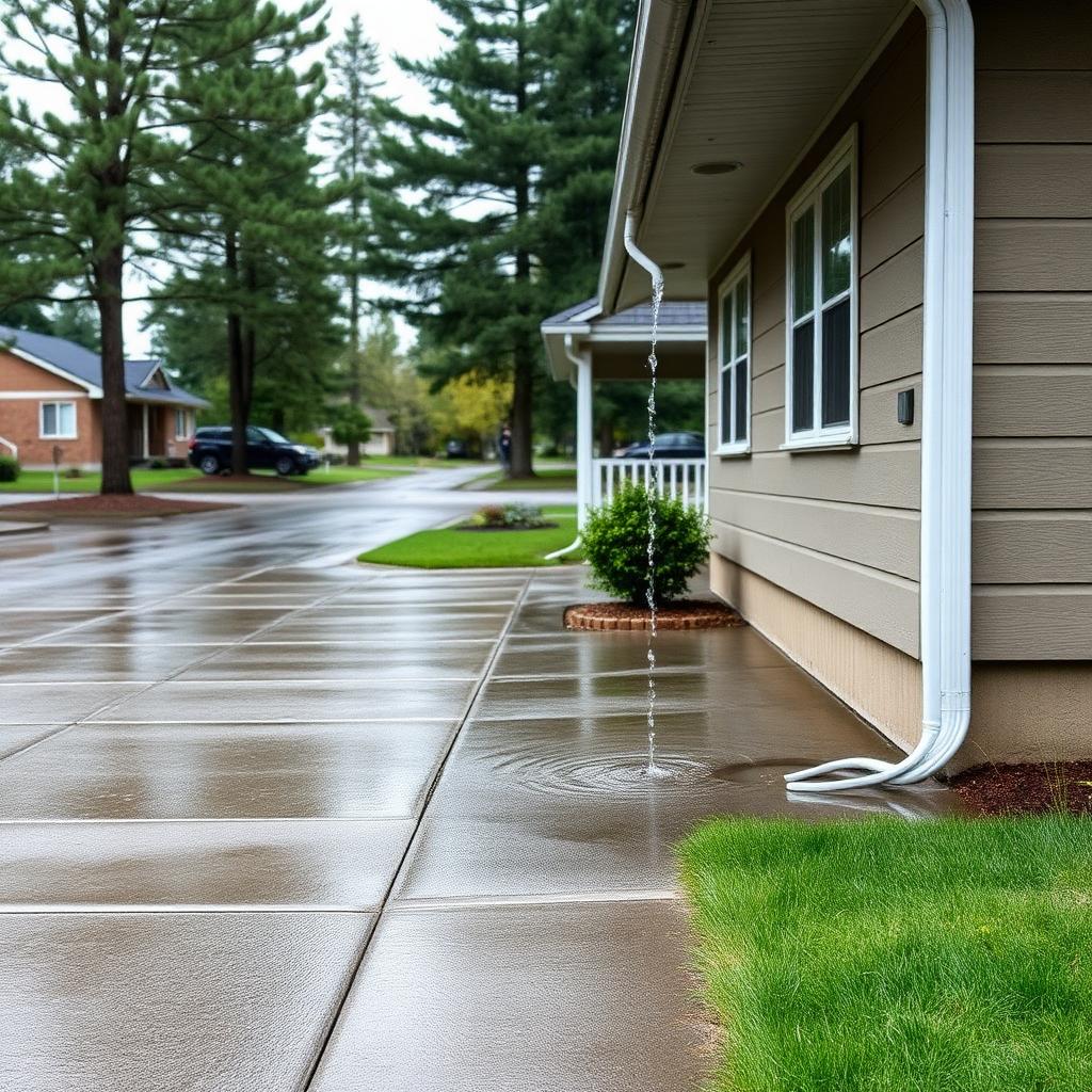 A Spokane home after a spring rain with water flowing cleanly from properly functioning gutters and downspouts, directed away from a residential concrete driveway and sidewalk, with mature pine trees and an Inland Northwest neighborhood under overcast skies