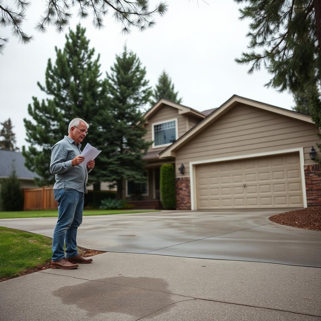 A Spokane homeowner reviewing insurance paperwork while standing beside a slightly uneven concrete driveway in front of an Inland Northwest home with mature pine trees and overcast skies