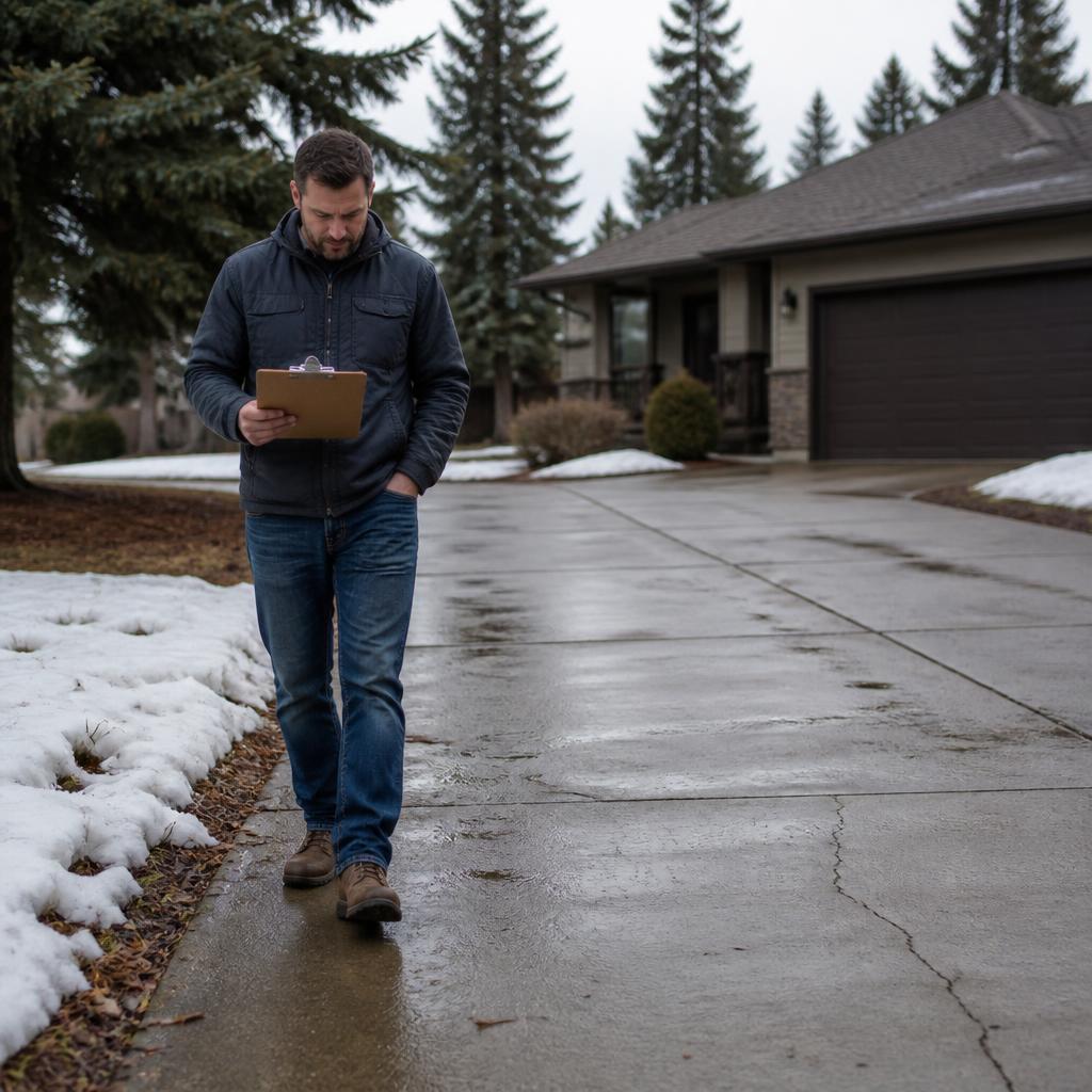 A Spokane homeowner walking a wet concrete driveway with a clipboard during early spring, inspecting for settlement while snow melts along the edges