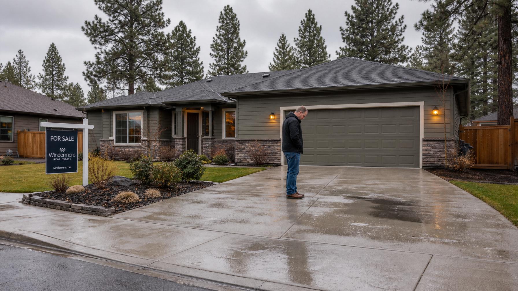 A Spokane homeowner inspecting a slightly uneven driveway in front of a well-maintained home with a For Sale sign in the yard, wet pavement, pine trees, and overcast Inland Northwest skies