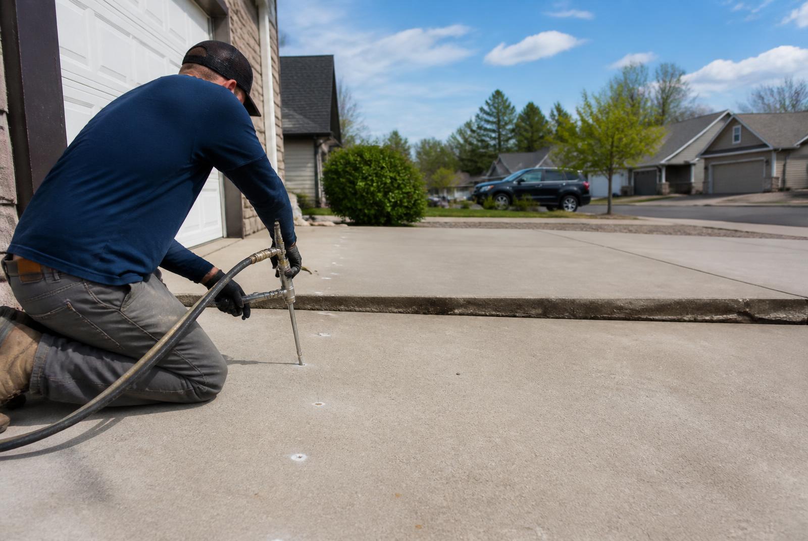 A settled residential driveway being lifted back to level