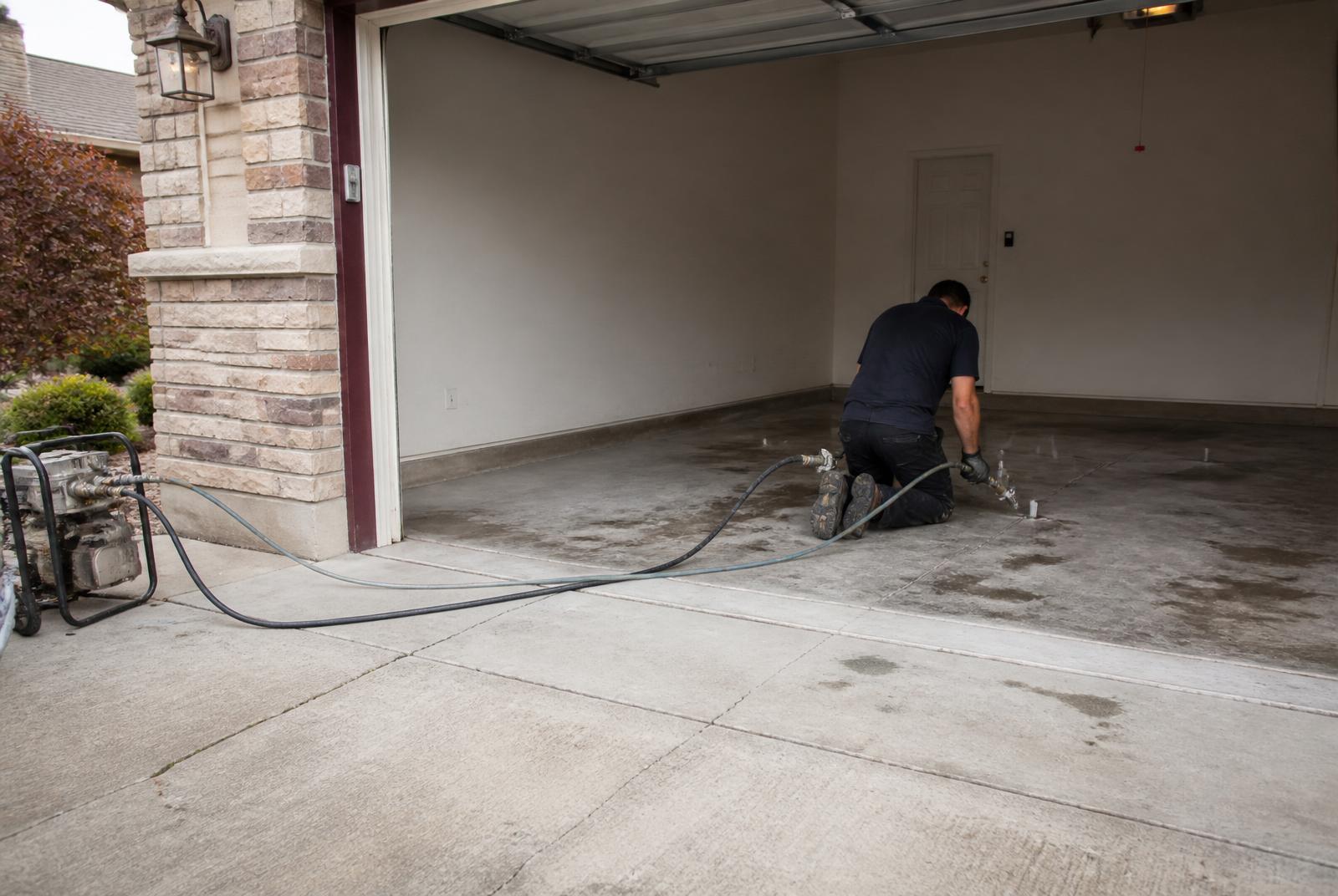 Residential garage floor in Spokane, WA repaired with polyurethane concrete leveling to correct slab settlement