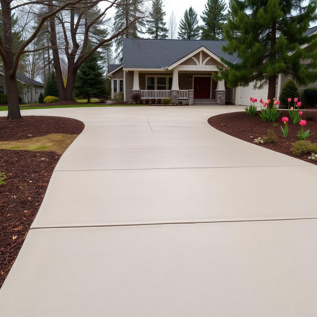 A well-maintained residential concrete driveway in a mature Spokane neighborhood on a late spring day, with clean expansion joints, proper drainage, pine trees, and blooming tulips beside a craftsman-style Inland Northwest home
