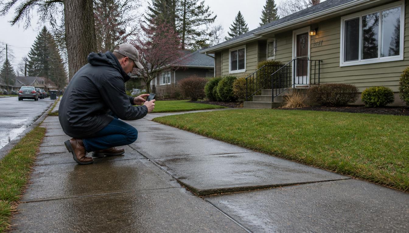 A Spokane homeowner crouching on a wet spring sidewalk taking a smartphone photo of a slightly uneven concrete panel in an Inland Northwest neighborhood with mature trees