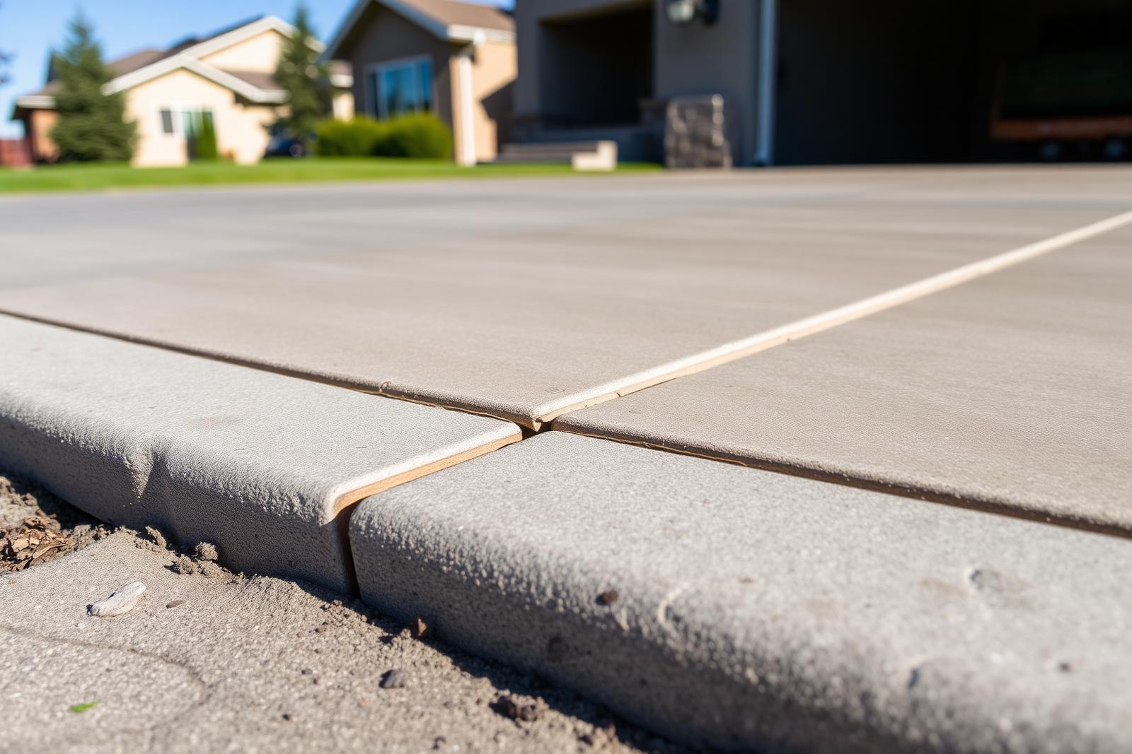 A residential driveway showing a clear vertical offset from settlement