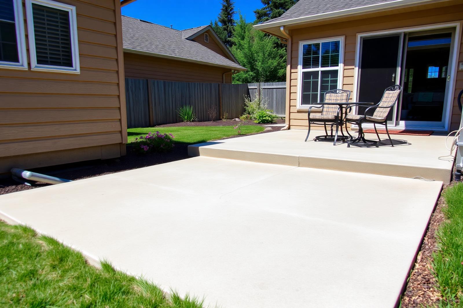 Sunken residential concrete patio in Spokane, WA with visible settlement pulling away from the house foundation