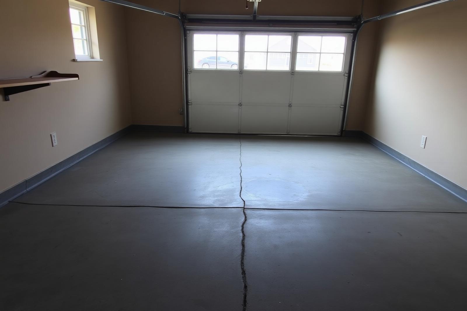 Settled residential garage floor in Spokane, WA with a visible crack and dropped slab section near the overhead door