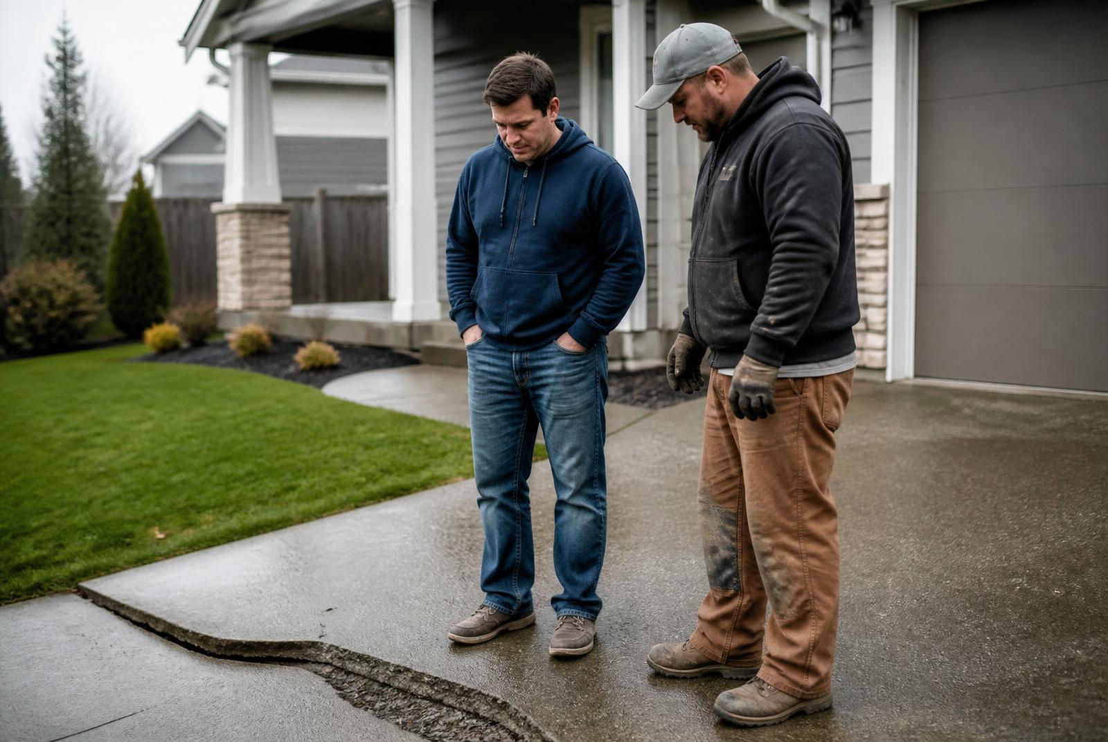 A homeowner and a contractor examining an uneven section of concrete driveway