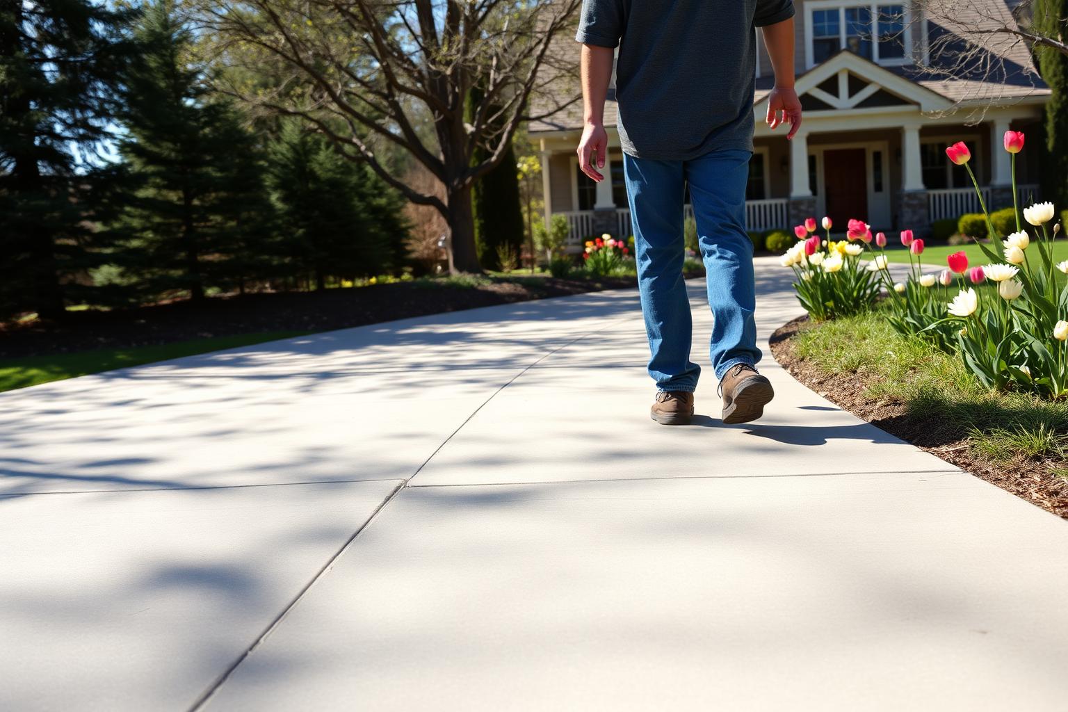 A Spokane homeowner walking along a residential concrete driveway inspecting clean, visible expansion joints between slabs during a spring maintenance walk, with mature pine trees, tulips, and an Inland Northwest craftsman-style home in the background