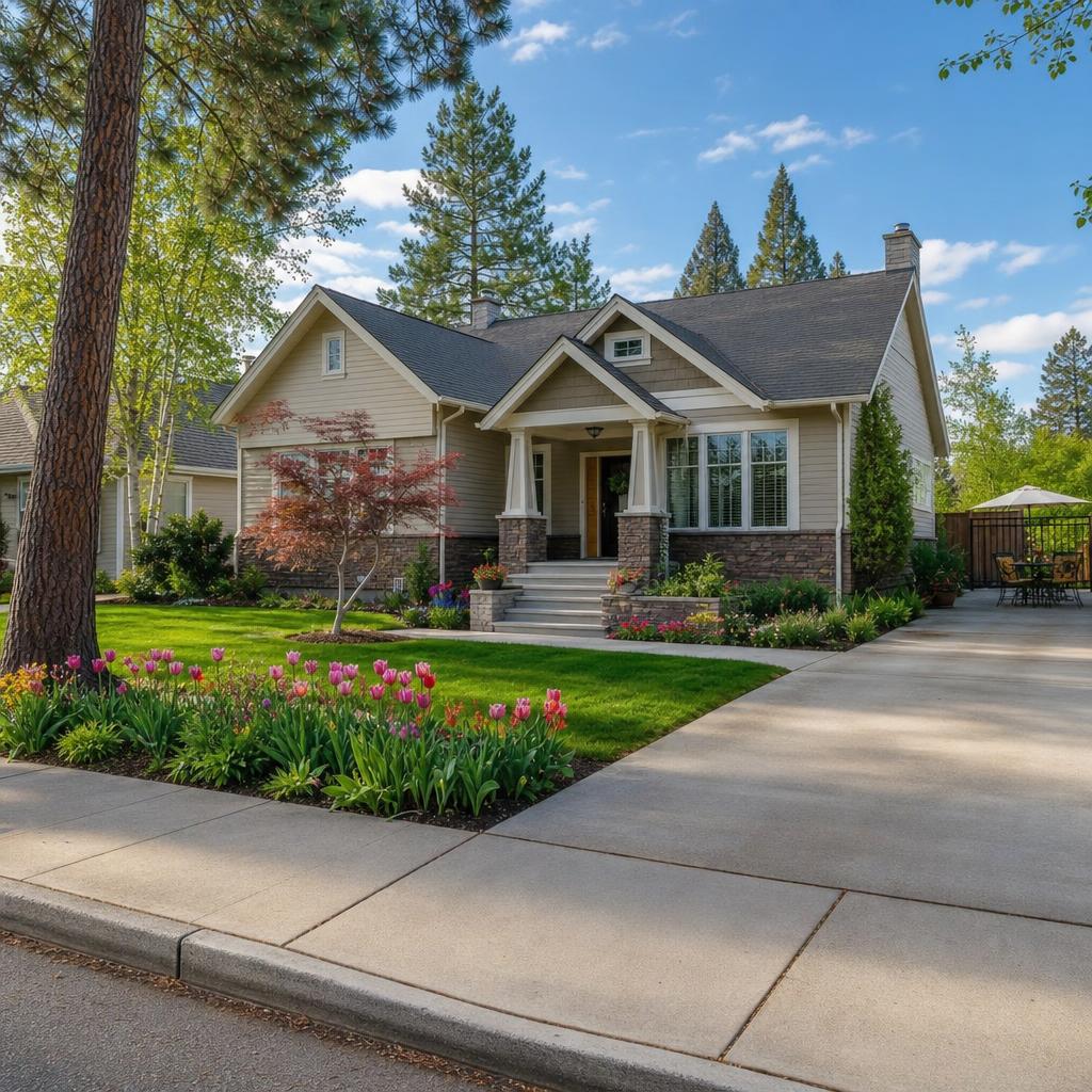 A well-maintained Spokane home in a realistic Inland Northwest neighborhood during late spring, featuring a clean level concrete driveway, front sidewalk, front entry steps, and a glimpse of a side patio, surrounded by mature pine trees, blooming tulips, and green lawn under a bright blue sky