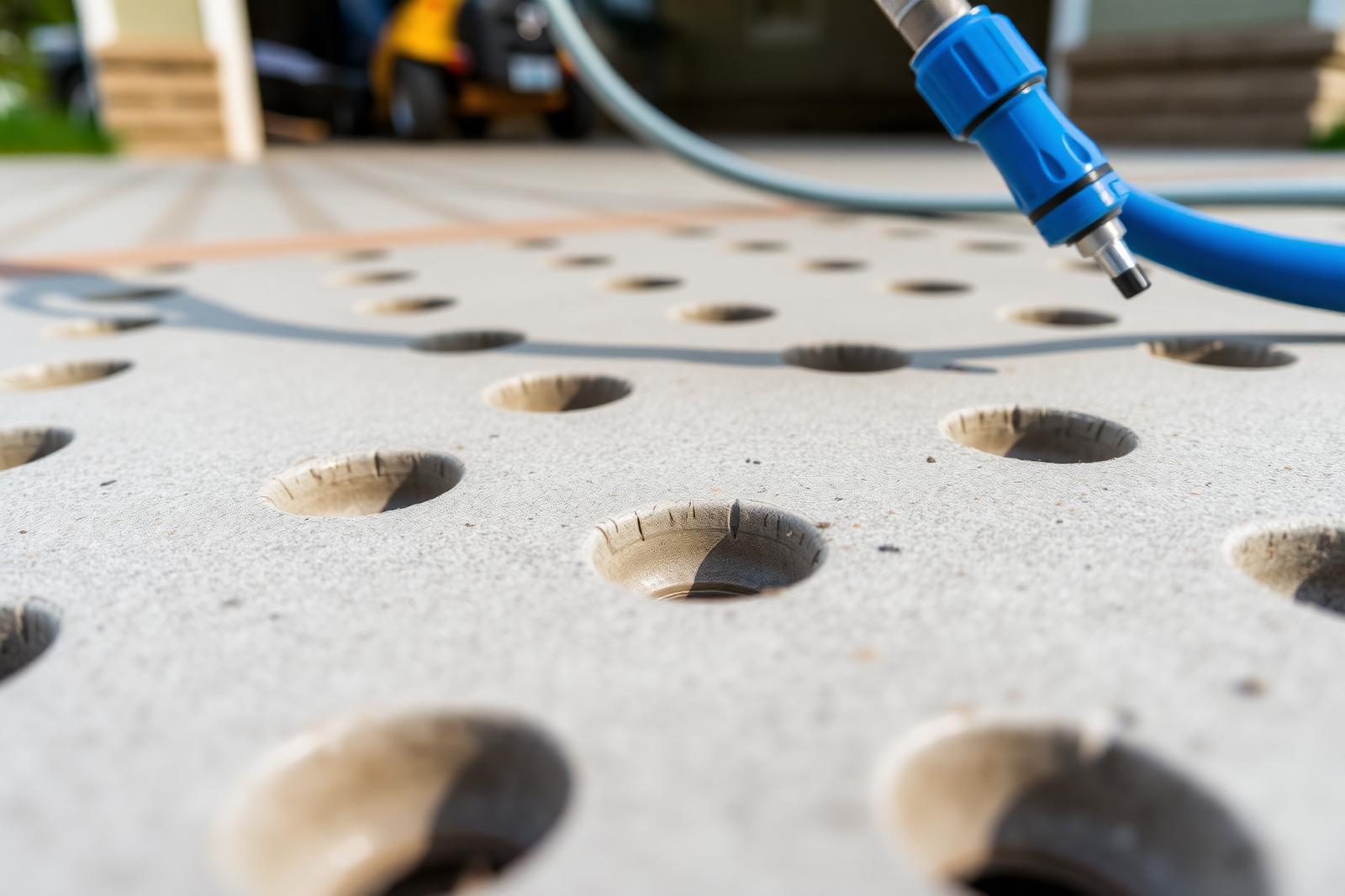 Small injection ports drilled into a slab for polyurethane foam lifting