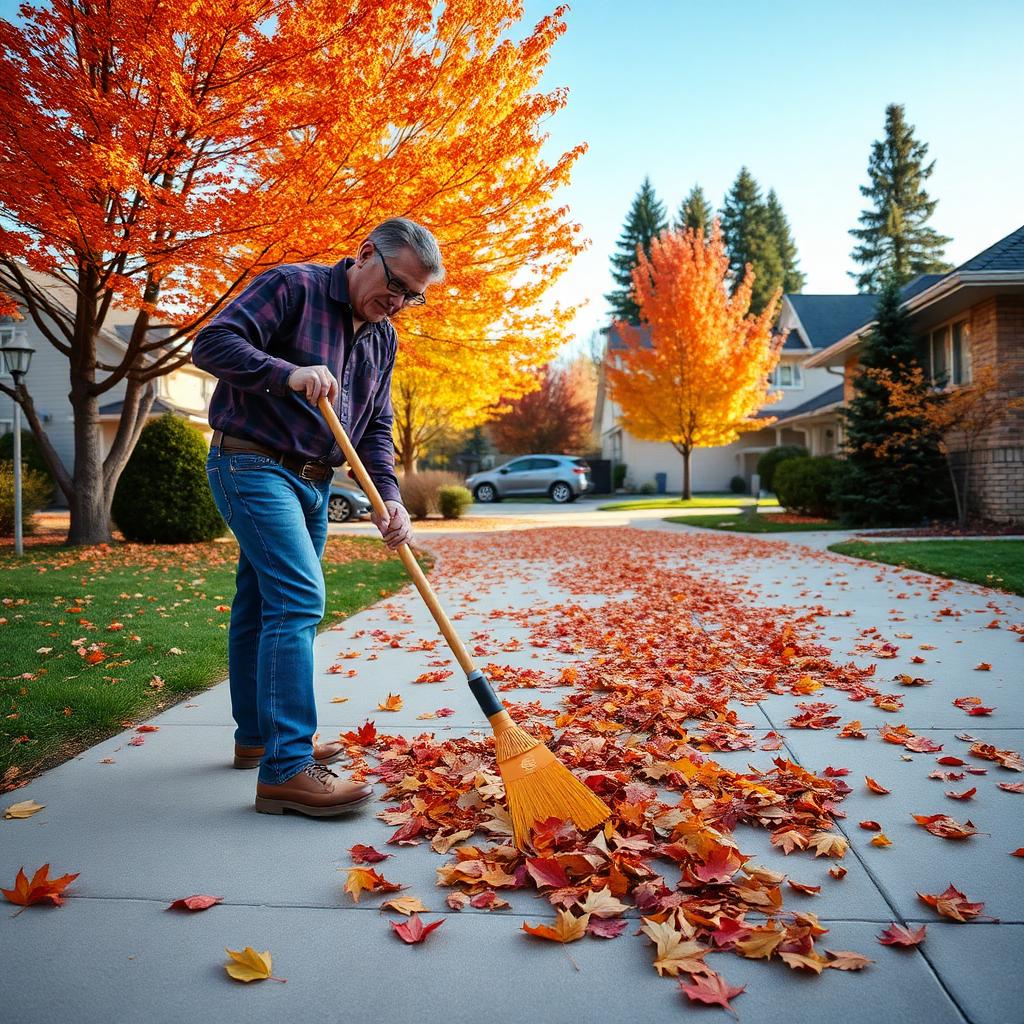 A Spokane homeowner clearing colorful autumn leaves from a residential concrete driveway with a rake, inspecting the concrete before winter, with vibrant Inland Northwest fall foliage and a well-maintained driveway and sidewalk in the background