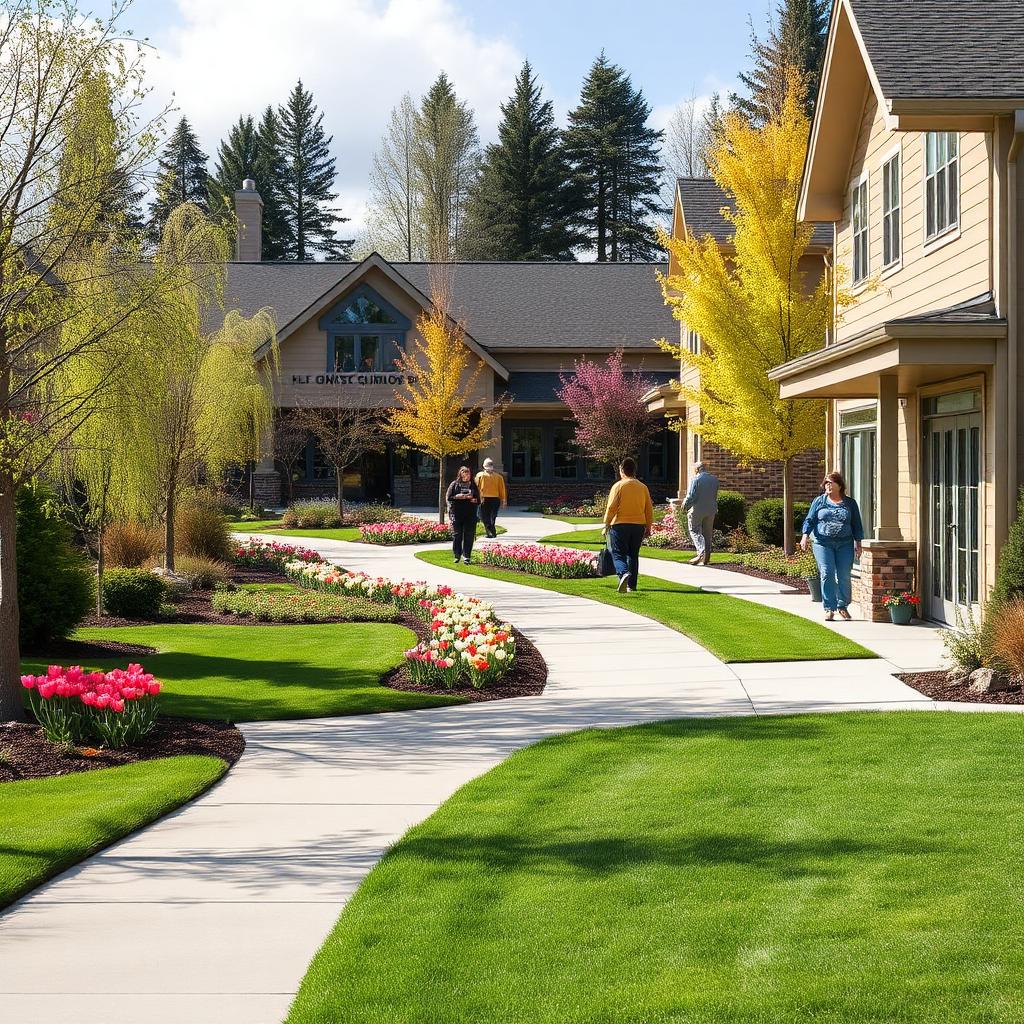 A well-maintained Spokane condominium and HOA community in spring with residents walking along landscaped concrete sidewalks and clubhouse walkways, surrounded by mature Inland Northwest trees, blooming tulips, and manicured lawns