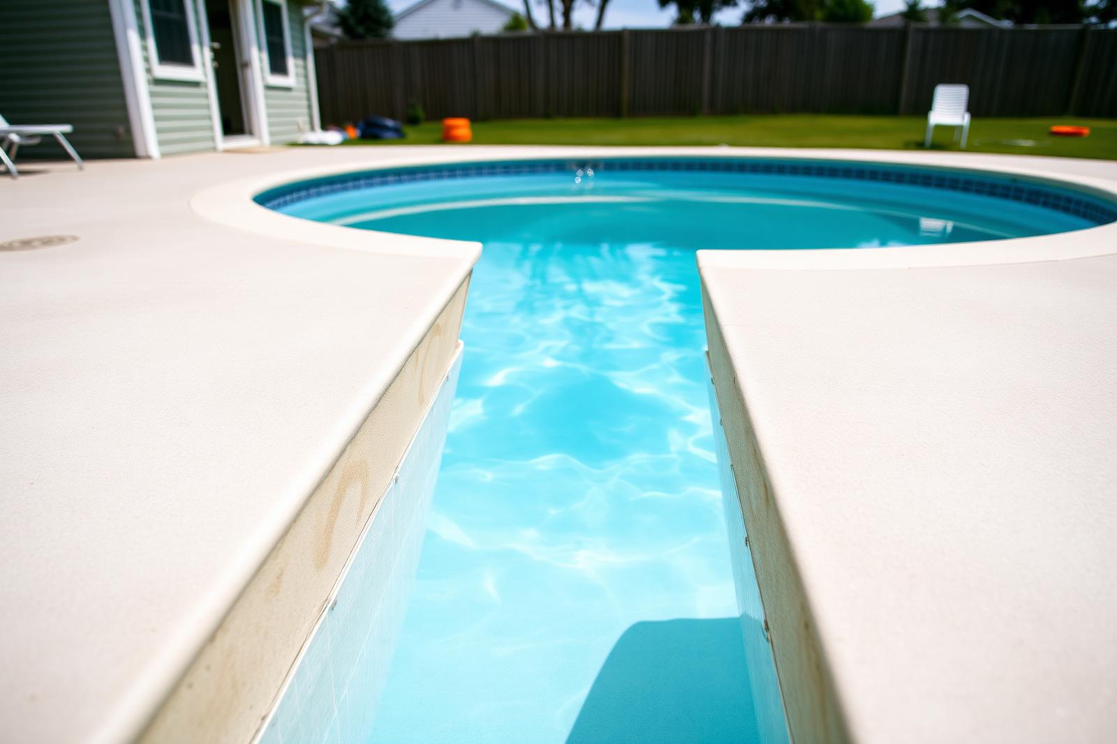 A pool deck with a settled concrete panel around the coping