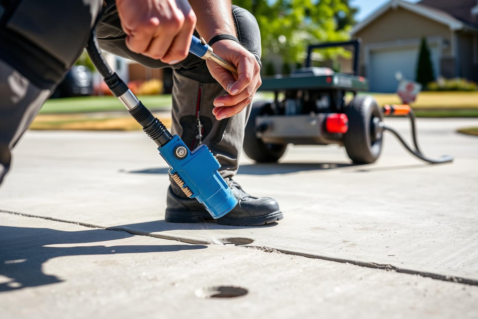 Technician performing polyurethane foam injection beneath a concrete slab